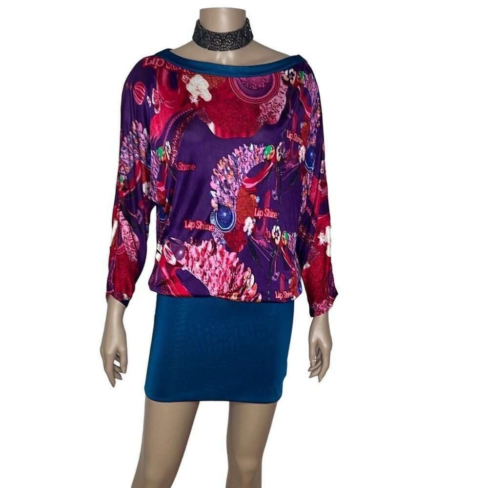 Custo Barcelona Printed Mini Dress Tunic Multicolor Purple Blue Lip Shine Graphi - Picture 2 of 13